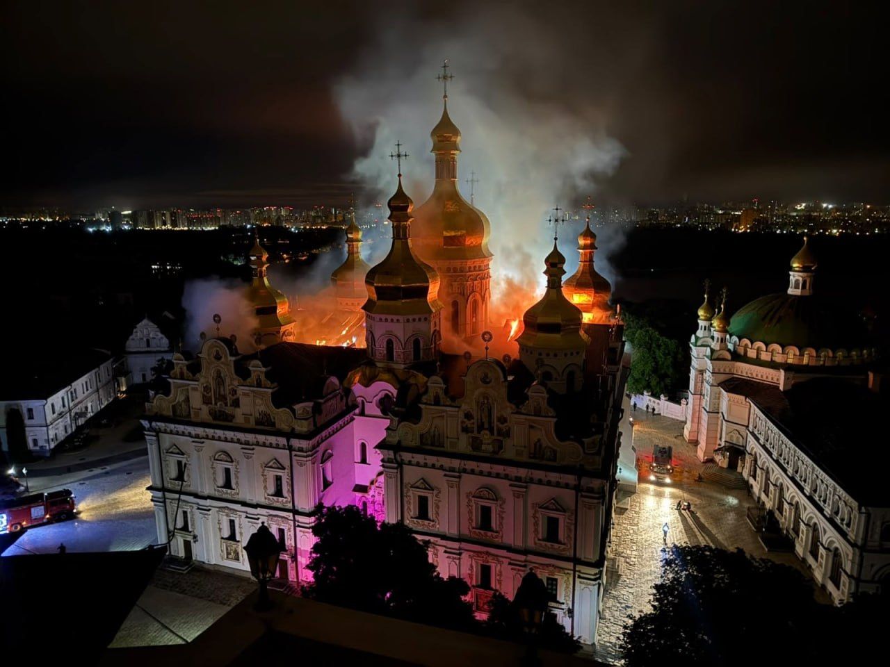 The Kyiv-Pechersk Lavra complex lit by fire at night on 15 June 2026.
